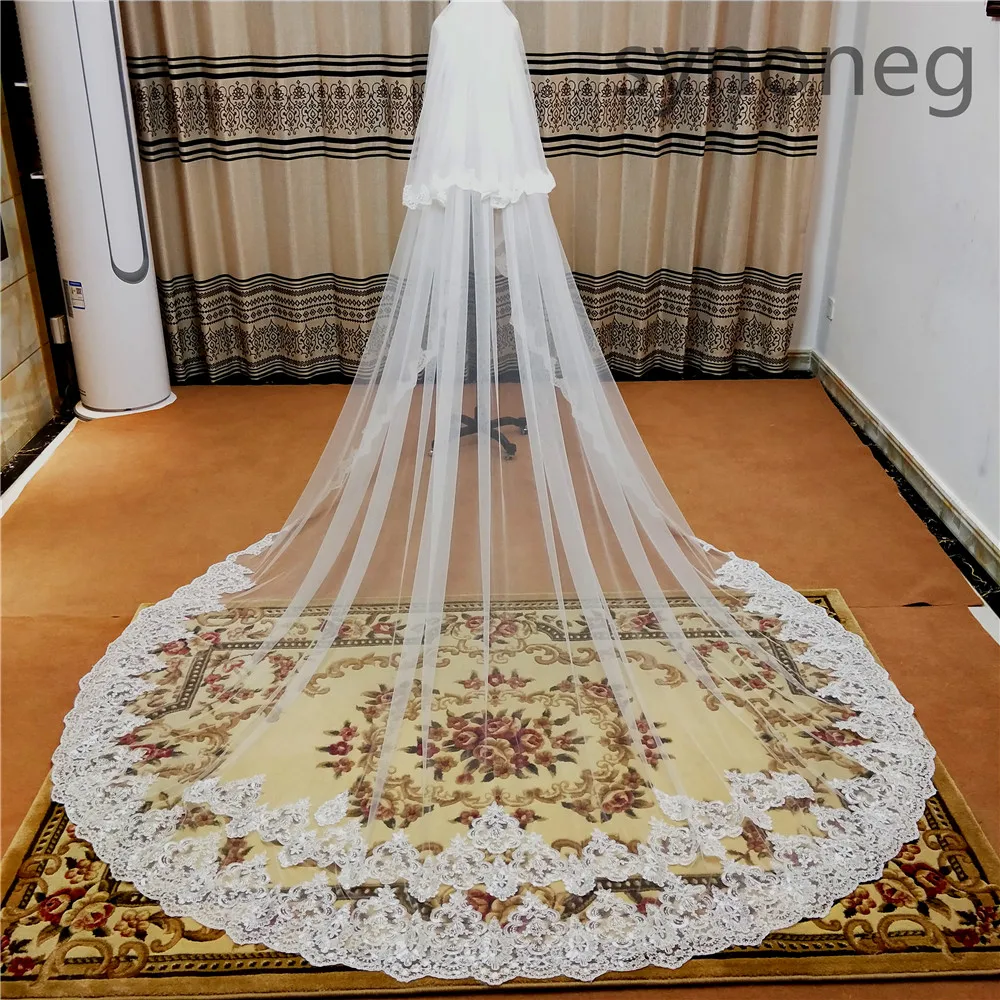 Customized High Quality 5 Meters Sparkle Sequins Lace Edge 2T Wedding Veil with Comb 3m/4m/5m Long Luxury 2 Layers Bridal Veil