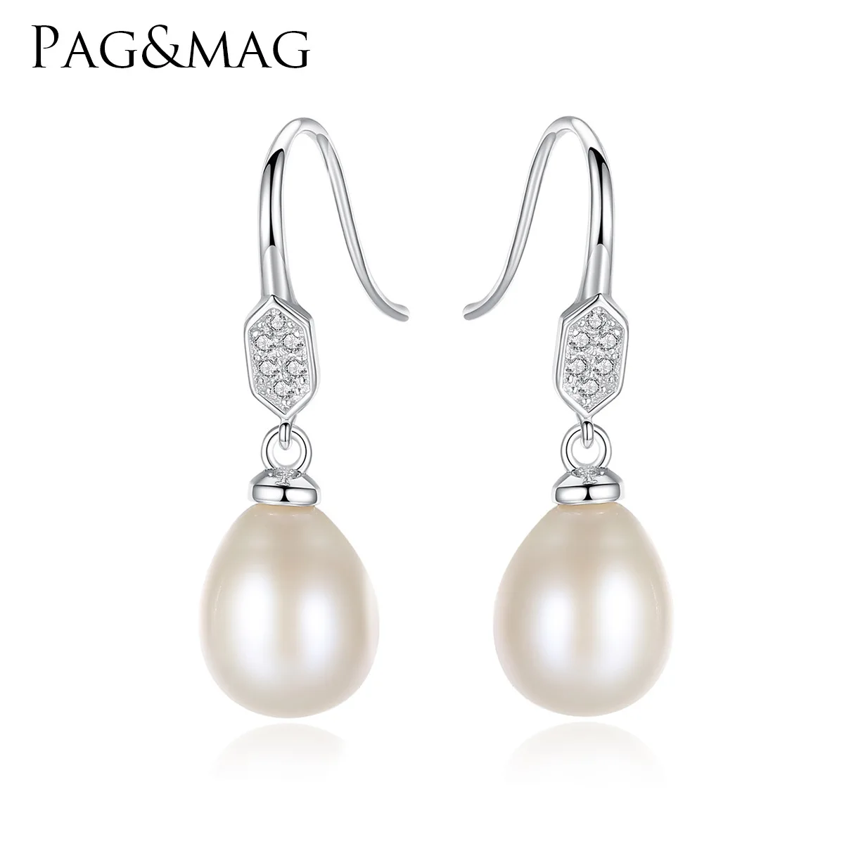 PAG & MAG S925 Sterling Silver Earrings with 3A zircon natural fresh water 8-9mm pearl fashion earrings for women