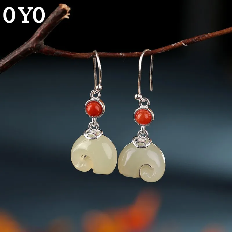 

S925 sterling silver natural Hetian jade white jade inlaid with South Red Elephant personality ladies earrings free shipping