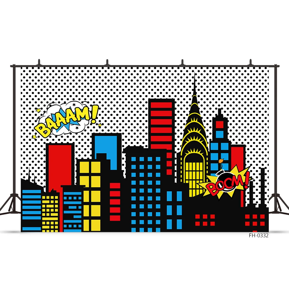 Custom Name Birthday Backdrop Superhero Super Hero Comic City Buildings Baby Shower Boy Photography Backgrounds For Photo Studio