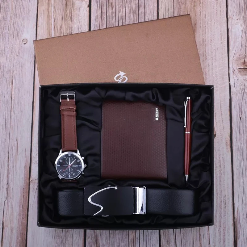 Fashion Luxury Men\'s Watch Leather Belt Folding Wallet Ballpoint Pen Gifts Sets for Men High Quality Gift for Boyfriend Husband