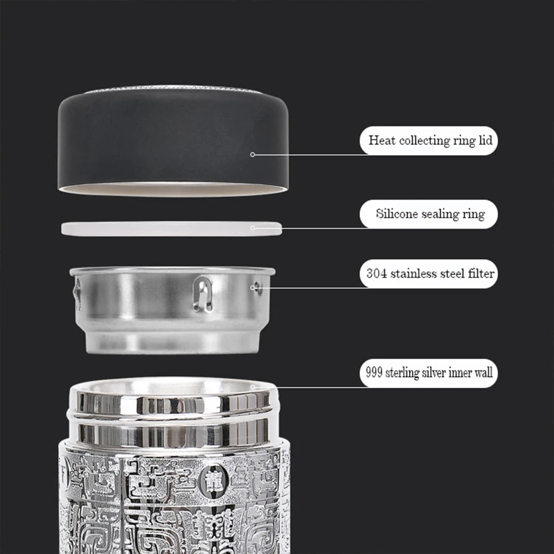 Teapot Thermos Inner Wall Sterling Silver S999 350ml Thermos Mug Stainless Steel Tumbler Thermos Travel Coffee Mug