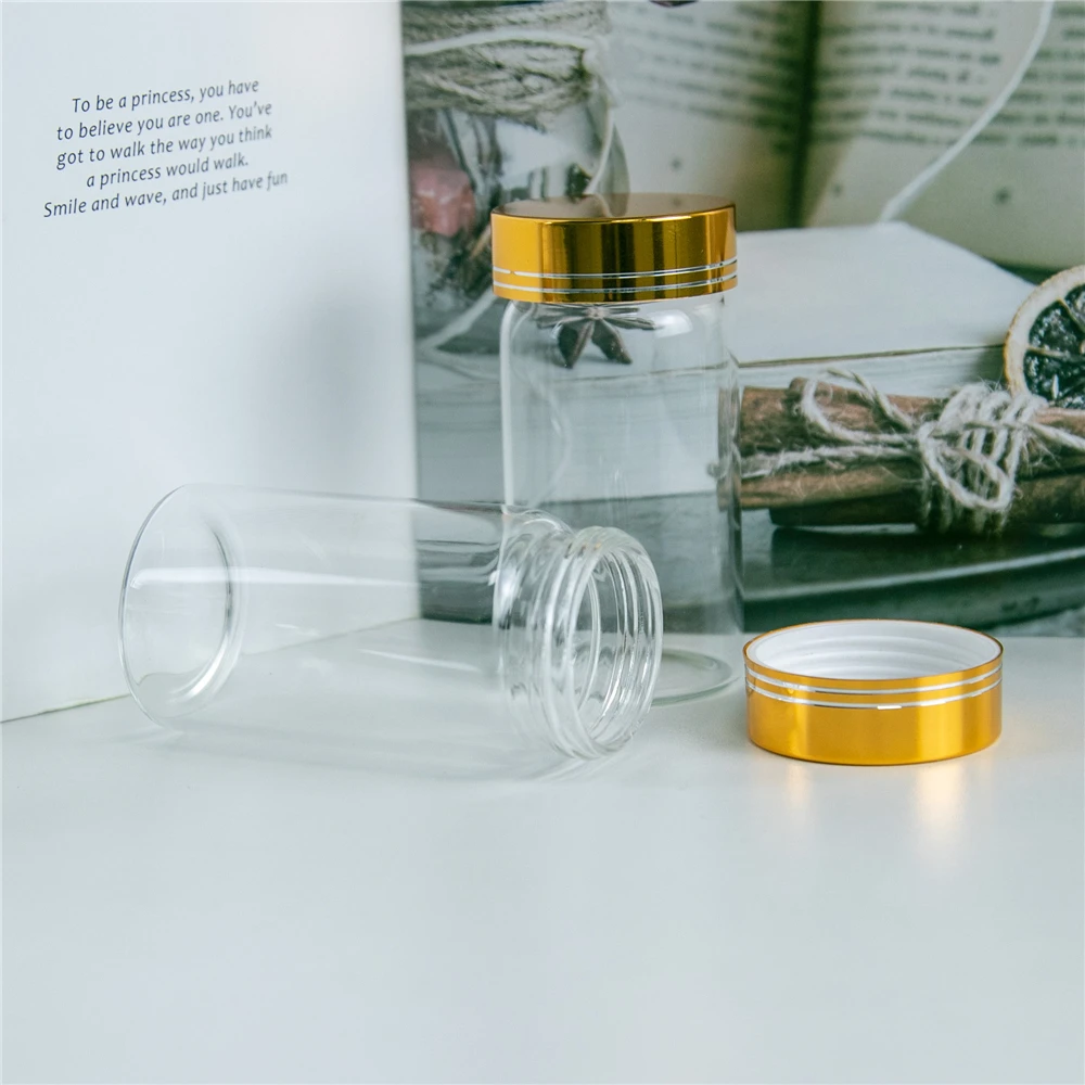 24Pcs 100ml Clear Glass Bottles Spiral Plastic Lid with Golden Tangent Craft Vials Candy Food Pot Refillable Empty Jars