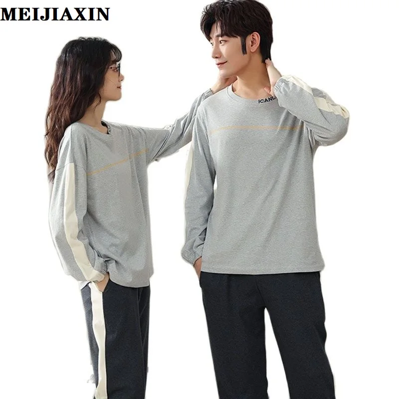 Autumn Cotton Pajamas Set Long Sleeve Round Neck Sleepwear Casual Soft Pyjamas M-3XL Lovers Sleepwear Nightwear