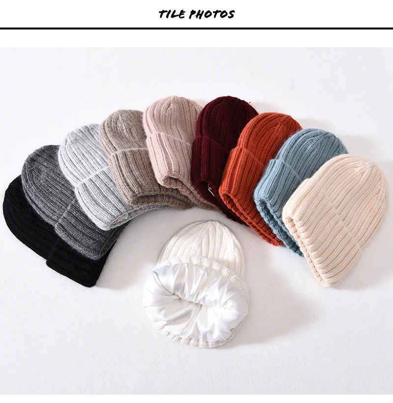 Winter-Seidensatin-gefütterte Beanie-Mütze für Damen und Herren, Unisex, dicke, klobige Mütze, gestreift, warm, weich, hochwertige Kaschmir-Strickmütze – Detail 12