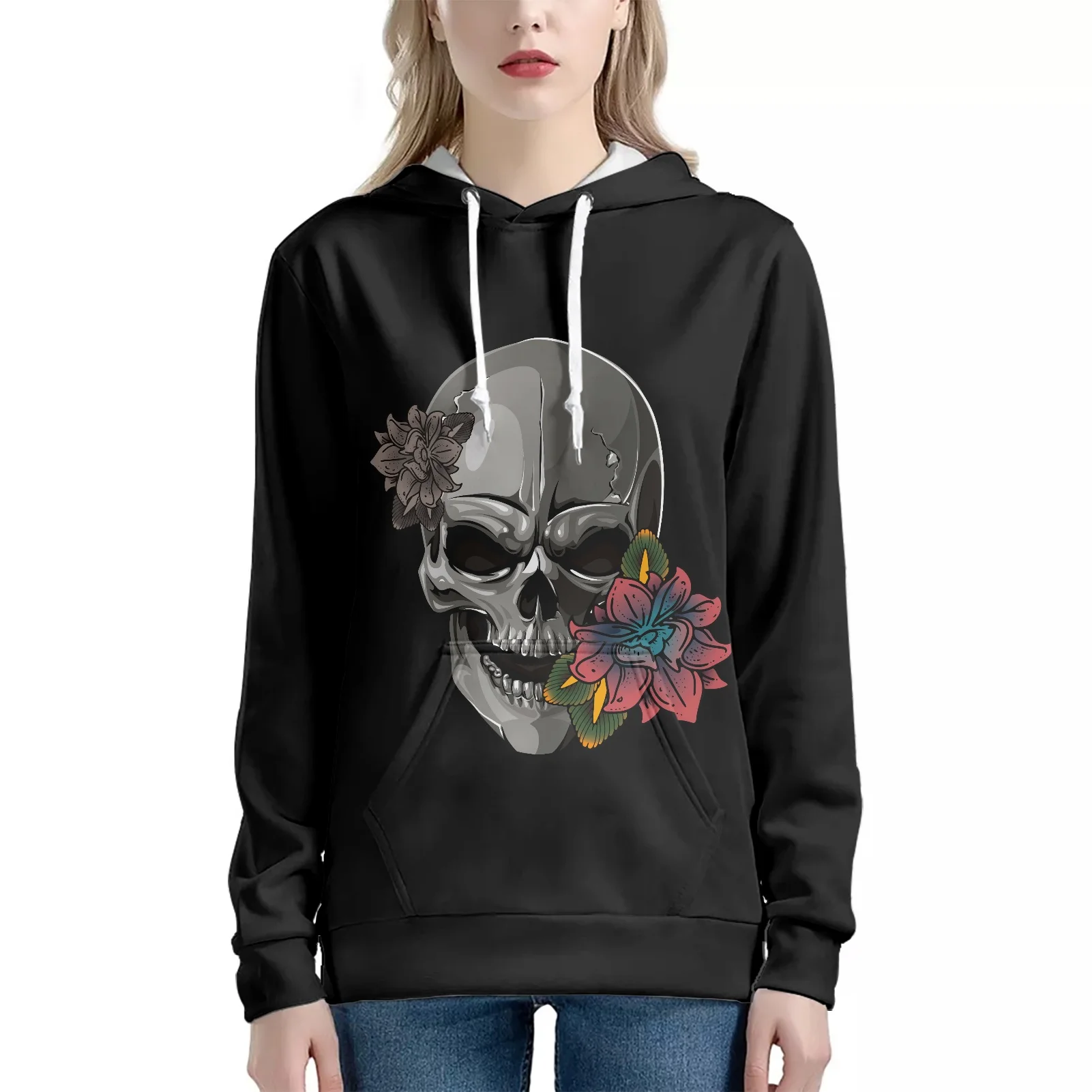 Black Women Hooded Sweater Casual Style Goth Rose Printing Sweatshirt Winter Long Sleeve There Are Pockets On The Street T-Shirt