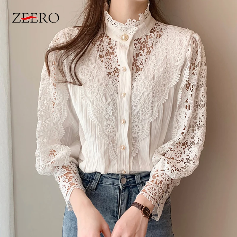 

Женская кружевная блузка, винтажная белая однобортная блузка с рукавами-фонариками, корейский стиль, весна 2023