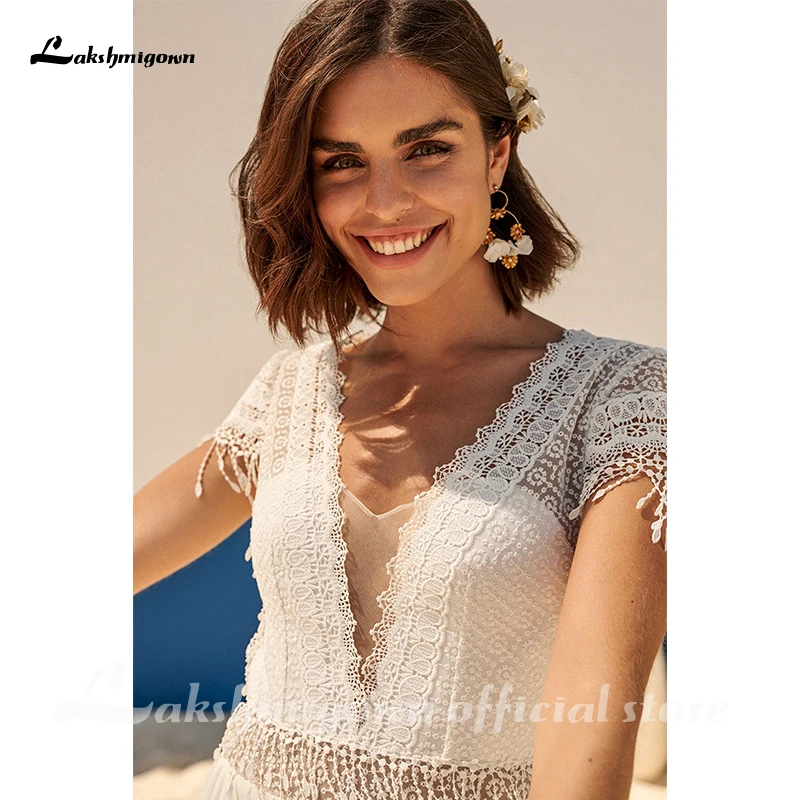 Vestidos de novia bohemios de encaje para playa, vestidos de novia bohemios de manga corta con cuello en V, vestidos de novia bohemios sin espalda,