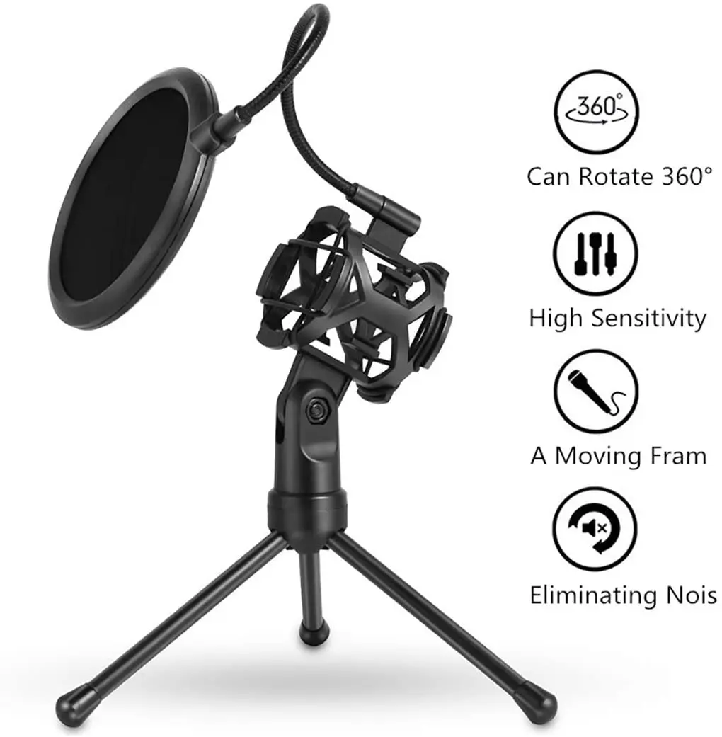 Foldable Tripod Desktop Microphone Stand Holder include Microphone clip Phone clip