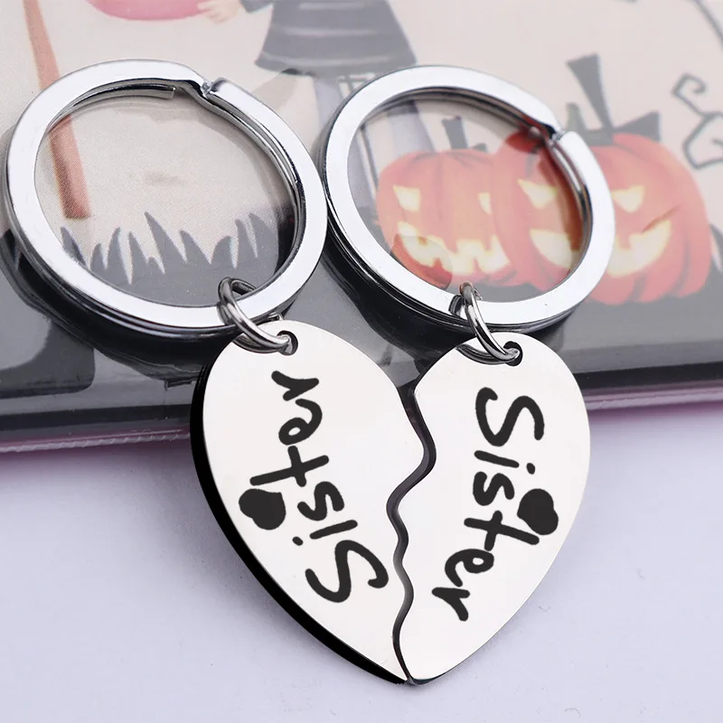 Heart-shaped Stainless Steel Stitching Sister Key Ring Keychain Pendant Jewelry Anime Keychain Charms