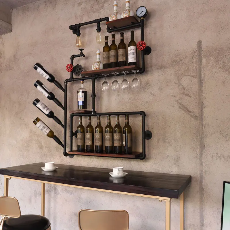 coffee shop bar wine cabinet wine rack Loft retro industrial style shelving shelf wall iron solid wood pipe wall hanging image 3