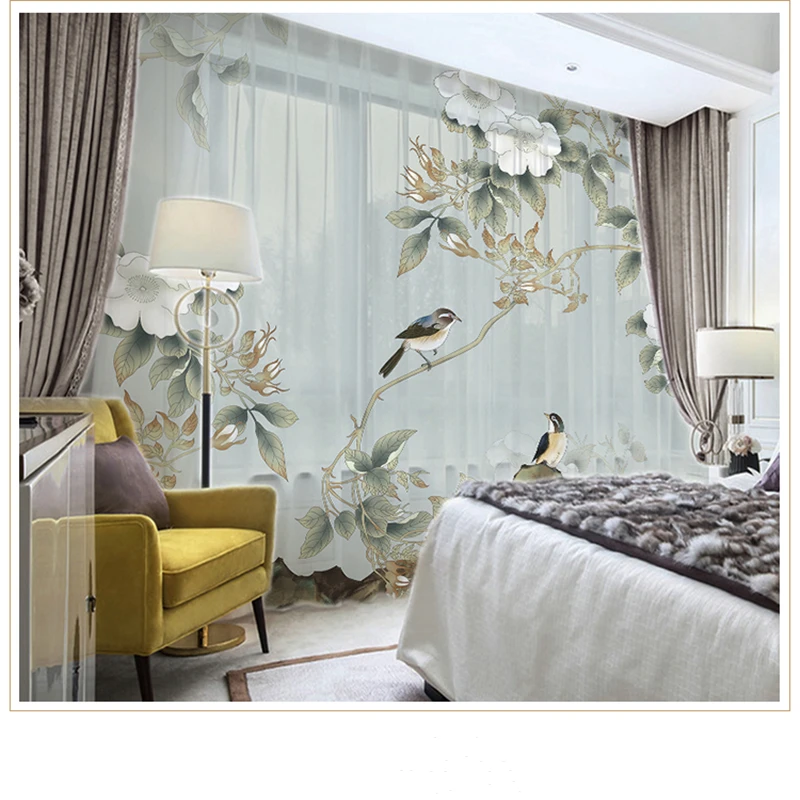 Custom Chiffon Sheer Curtain Window Drape for Bedroom Living Room Floral Blossom Birds Khaki Gray Brown Pink Blue