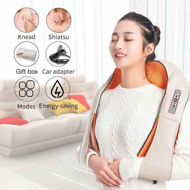 

U-shaped electric acupressure back neck shoulder full body massager infrared heating 4D kneading car/home massage shawl