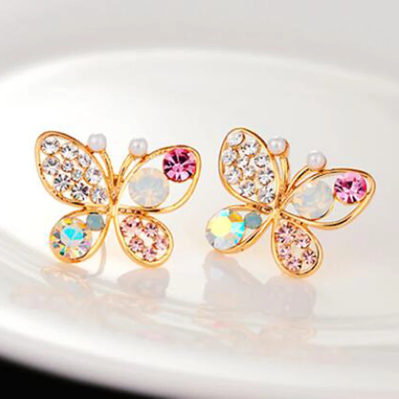 New Fashion Designer Jewelry Colorful Rhinestone Imitation Pearl Butterfly Bow Stud Earrings for Women Brincos XY-E200