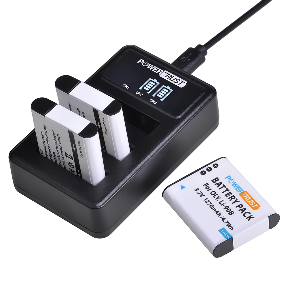 PowerTrust Li-90B Li-92B Battery+LED 3Slots Charger for Olympus XZ-2,SH-50,SH-1,SP-100, TG-1,TG-2,TG-3,TG-4,TG L20