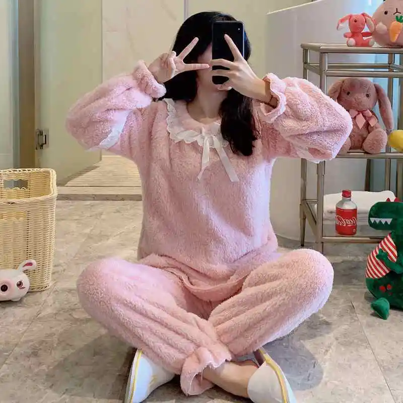 Female 2PCS Pajamas Sets Warm Sleepwear Shirt&Pants Flannel Nightwear Lounge Nightgown Coral Fleece Lingerie Home Clothing