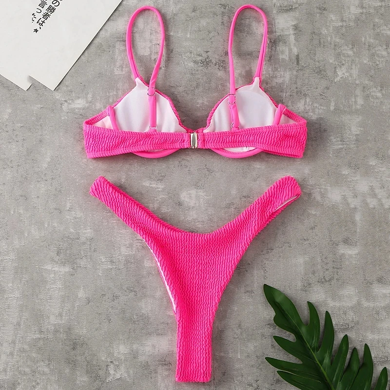 New Ribbed Underwired High Cut Bikini Swimsuit Female Swimwear Women Two-pieces Bikini set Thong Bather Bathing Suit Swim Lady