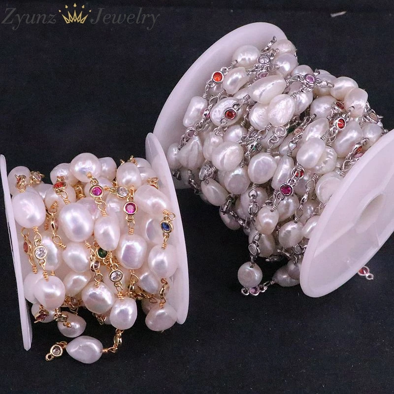 3 Meters, Nature Pearl Chains For Jewelry Making, Irregular Pearl Beads Links Colorful Zircon CZ Gold/Silver Color Chains