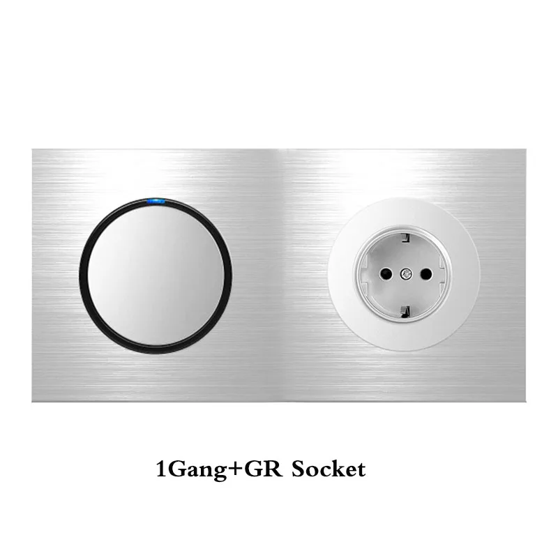 

German Standard Socket Double Panel 1Gang Switch+ GR Socket Household Silver Aluminum Alloy Panel Switch Socket 90V-250V