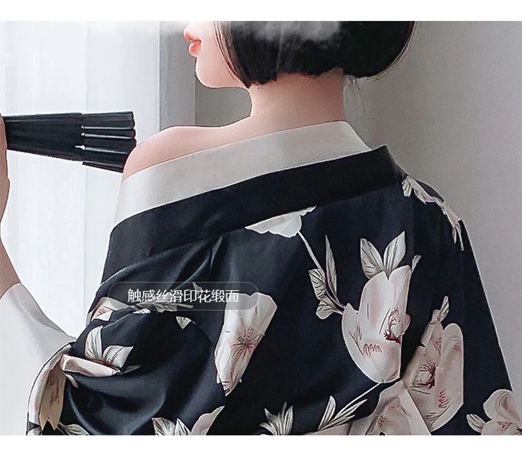 Japanese Style Kimono Cardigan Yukata Women Sexy Lingerie Floral Print Haori Silk Sleepwear Leisure Wear Pajamas Dress with Obi