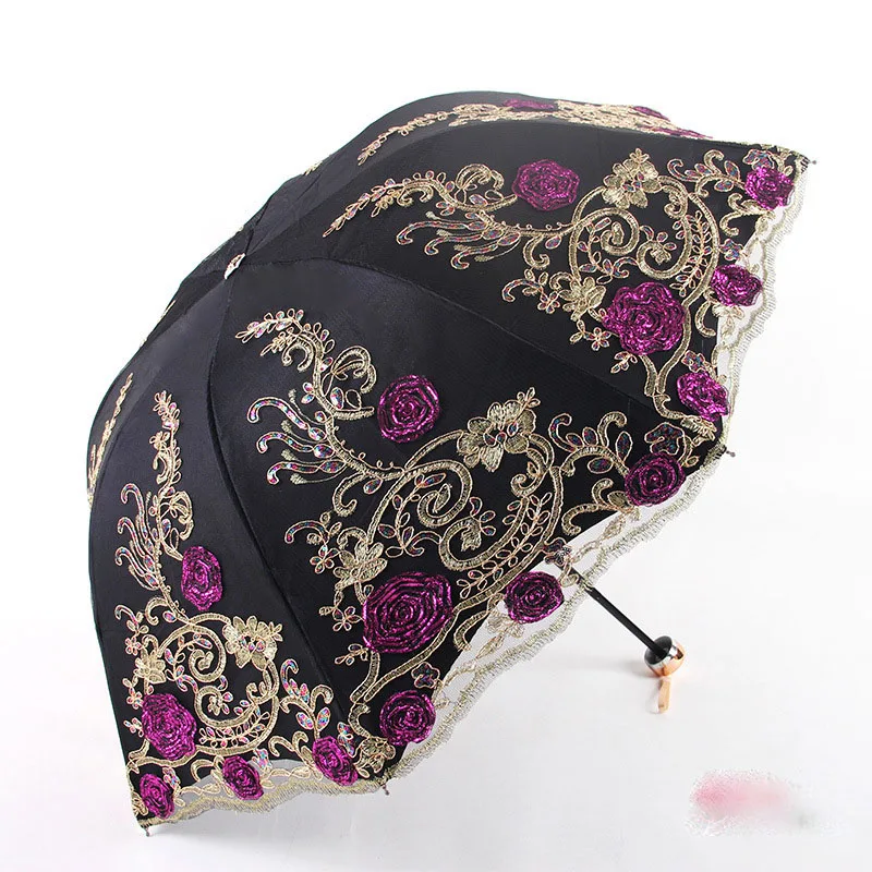 

Tri-Fold Double-Layer Embroidery Flower Lace Umbrella Anti-Sun Parasol Black Plastic Anti-UV Umbrella