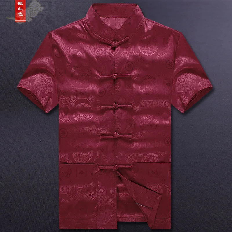 Traje Tang de manga corta para hombre, camisa de rayón superior, blusa con estampado de dragón, ropa tradicional china para hombres mayores de verano