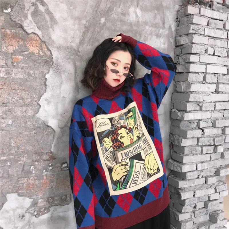 Women Vintage Plaid Sweaters Autumn Long Sleeve Oversize Knit Sweater Hip Hop Ulzzang BF Unisex Couples Winter Pullovers Tops