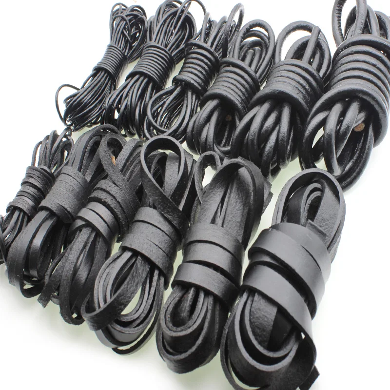 2 metry Okrągły Płaski Czarny Oryginalny Skórzany Sznurek Krowy 1 2 3 4 5 6 8 10 15 20 mm Sznurek ze skóry do bransoletki DIY Biżuteria