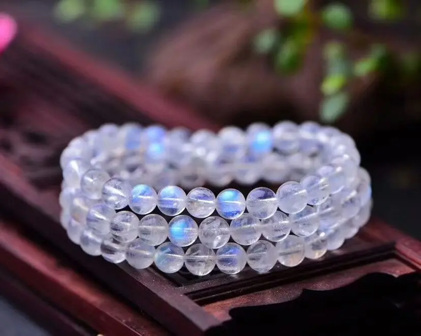 Natural Moonstone Blue Light 3 Laps Clear Round Beads Bracelet 6mm Moonstone Necklace Women Men Healing Fashion AAAAA