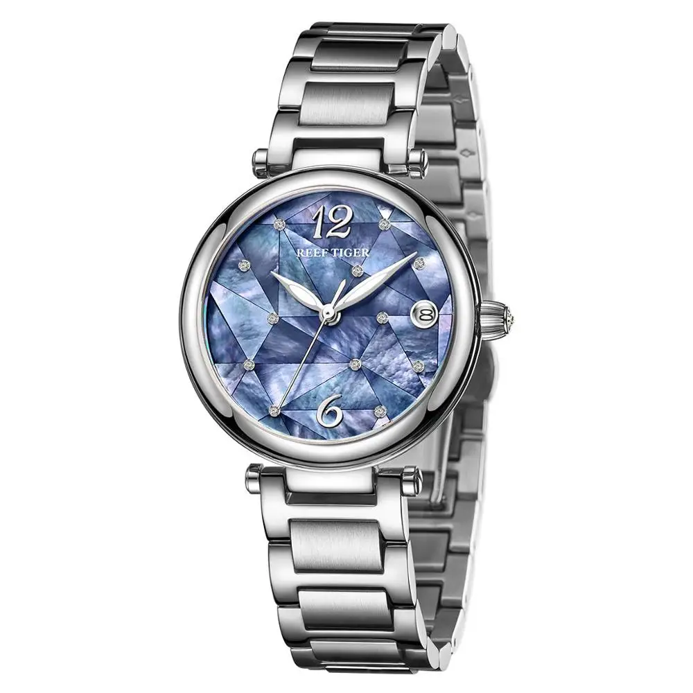 Reef Tiger/RT Desain Baru Mewah Stainless Steel Biru Panggil Automatic Jam Tangan Wanita Berlian Watch RGA1584