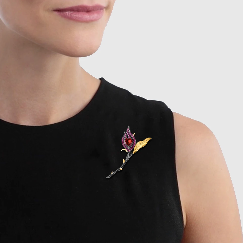GEM\'S BALLET Natural Garnet Gemstone Brooches For Women Jewelry Black &18k Gold Over 925 Silver Handmade Heart Burnt in Love