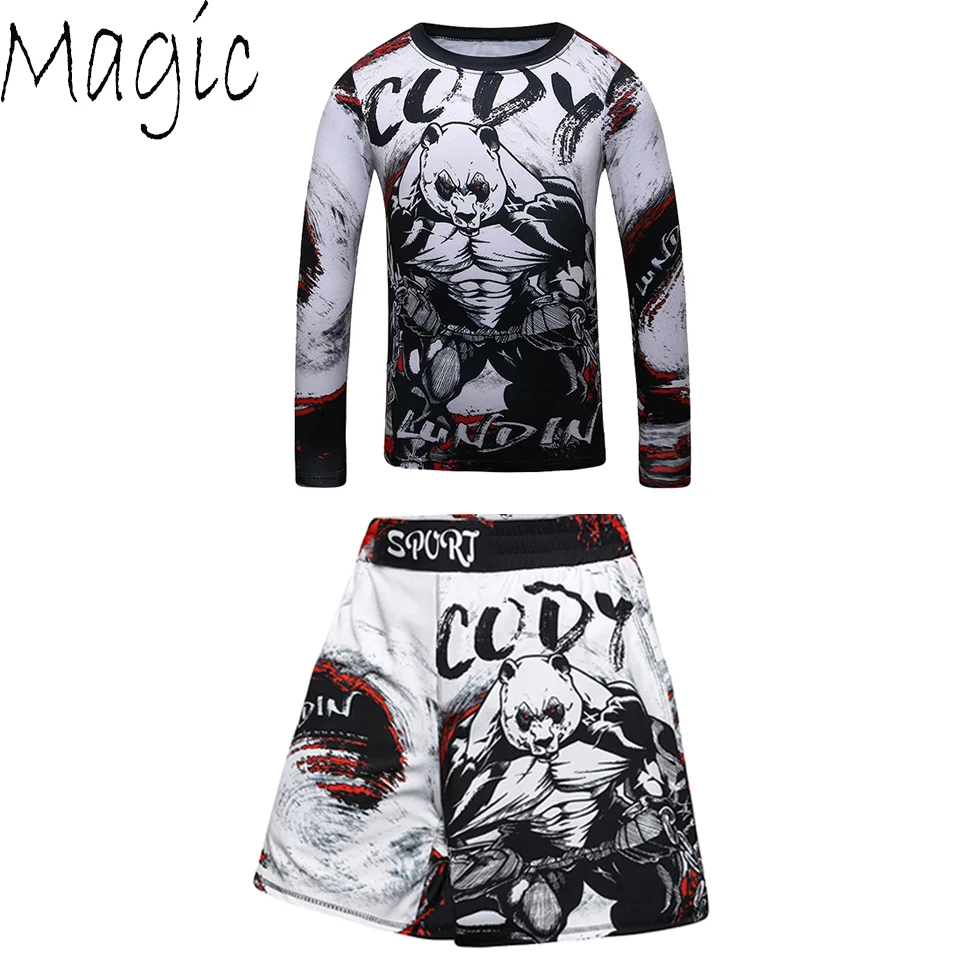 Kaus Jiu Jusit Rashguard + Set Celana Anak-anak Celana Pendek Bjj Tinju Muay Thai MMA Pelindung Ruam untuk Anak-anak Pakaian Olahraga Kompresi MMA