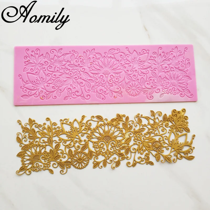 Aomily 36.5cm Flower Lace Mold Cake Border Decoration Tools Fondant Cake Mold Food Grade Silicone Mat Mould Baking Flower Molds