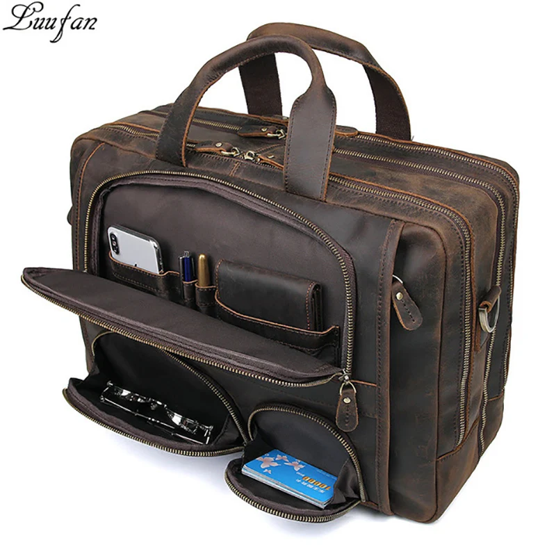Wielofunkcyjny szalony koń prawdziwej skóry mężczyzna teczka 17 "Laptop torba biznesowa tote Vintage mężczyzna duża torba na ramię torba podróżna