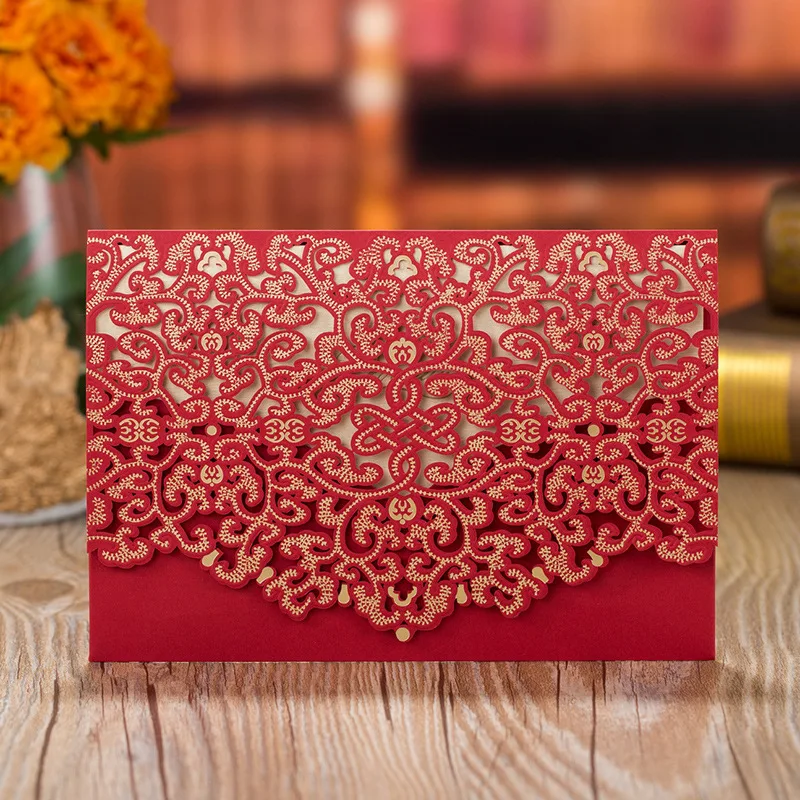 1pcs Rustic Wedding Invitations Card Navy Blue and Gold Red White Ivory Laser Cut Bride Groom Greeting invites Envelope marriage