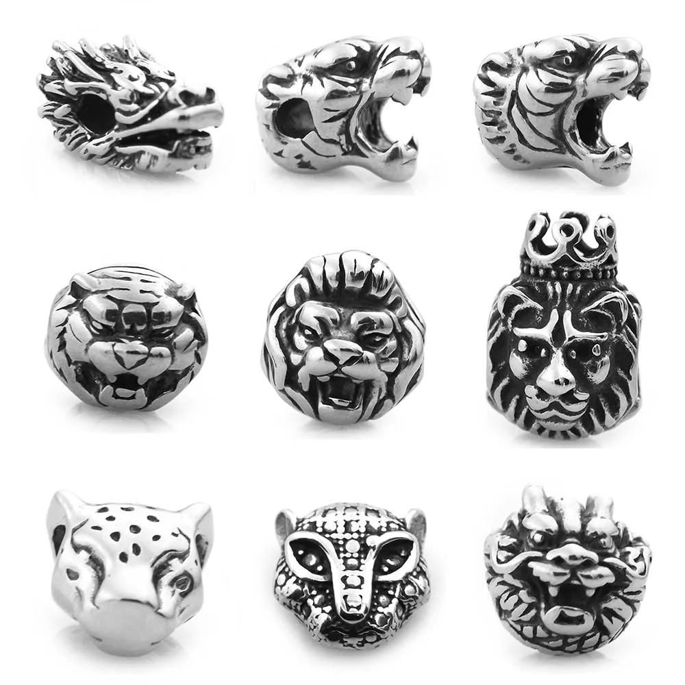 316L Stainless Steel Animal Head Tiger Lion Small Hole Bead Charms Spacer Beads for Jewelry Making Bracelets