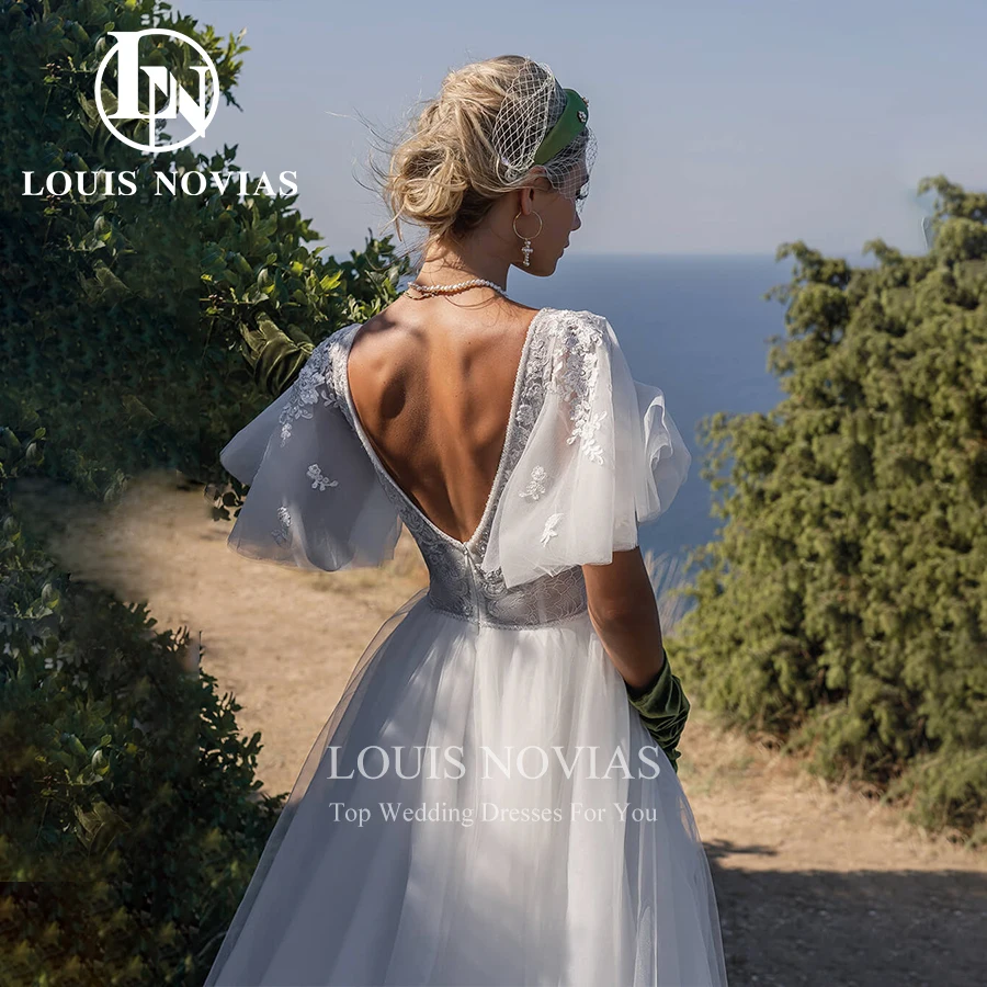 LOUIS NOVIAS Chữ A Áo Cưới Lãng Mạn Năm 2022 Hở Lưng Áo Dài Cô Dâu Appliques Bãi Biển Cổ Chữ V Phối Ren Tay Loe Vestidos De Novia