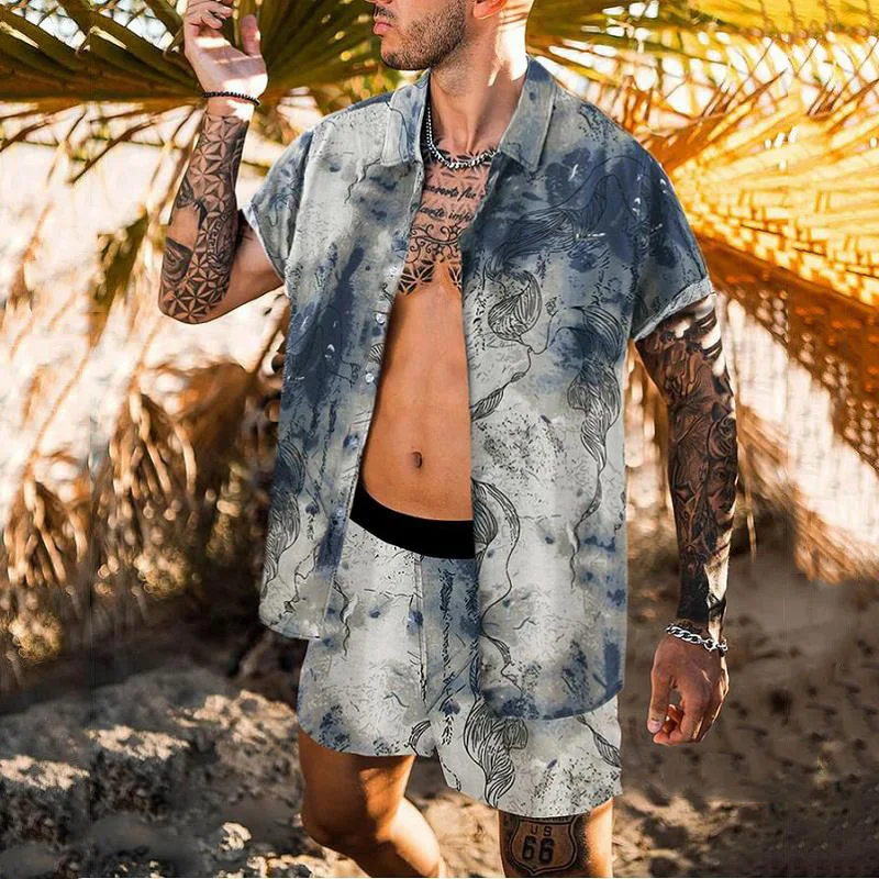 2021 Summer Beach Fashion Leopard Print Two Piece Sets For Men Short Sleeve Shirt And Drawstring Shorts Suits Casual Male Outfit