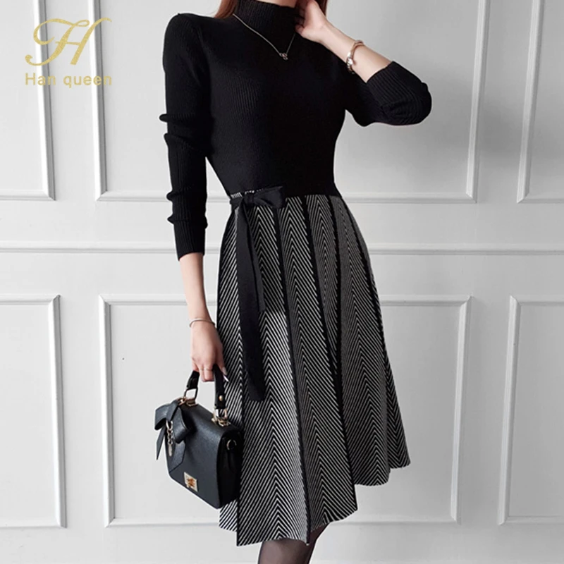 H Han Queen Hot Sale Casual Pullover Sweater Pleated Vestidos Elegant Simple Office Dress Women's Color Matching A-Line Dresses