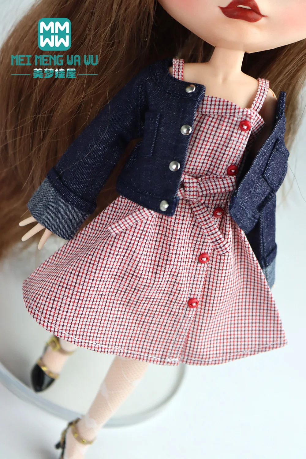 

Fits 28-30cm Blyth Azone OB22 OB24 doll accessories Fashion Denim jacket, plaid skirt