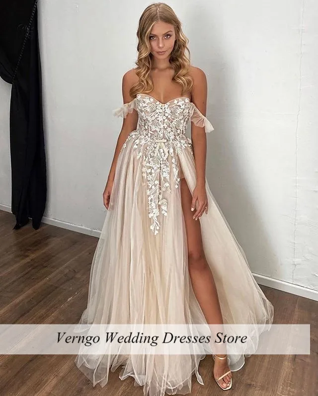 Verngo Beach Wedding Dress Seksi Sisi Celah Gaun Pernikahan Renda Bordiran Tulle Pengantin Gaun Off Bahu Gaun Panjang 2020 Vestidos