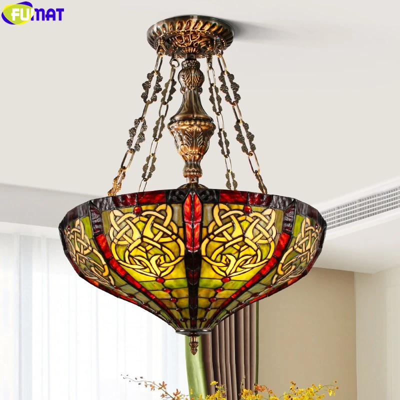 

FUMAT Tiffany Style Pendant Lamp Stained Glass Reverse Chandelier 16Inch Multicolorfull Handcraft House Decor Art European Light