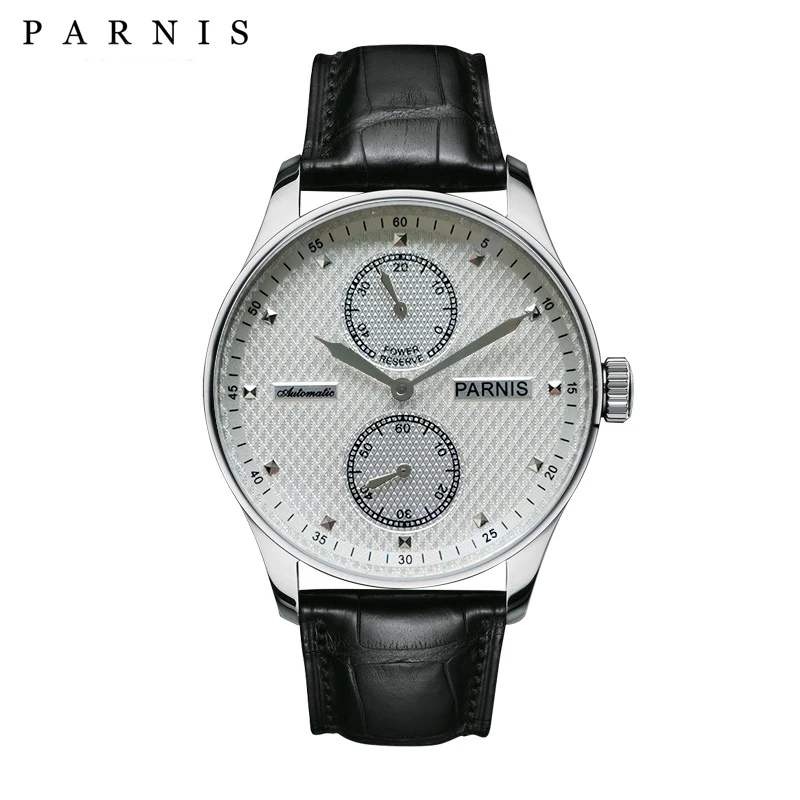 Parnis 43mm White Dial Automatic Men\'s Watch Power Reserve Mechanical Watches Wristwatch Top Brand Luxury relogios masculinos