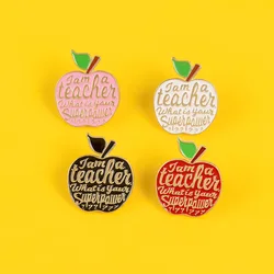 4 Colors Apple Enamel Pins Teacher Super Power Fruit Brooches Clothes Lapel Pins Custom Badge Gifts for Friends Kids Wholesale