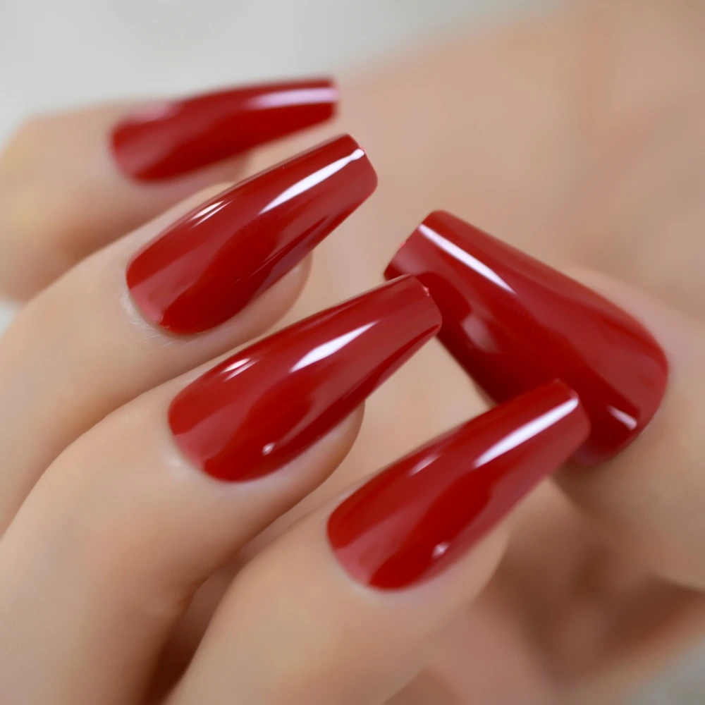 24pcs Gorgeous Long Ruby-red Press on False Nails Coffin Ballerina UV Fake Nails Fingersnails with Adhesive Tapes