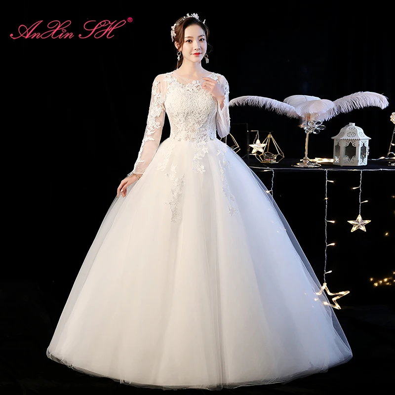 AnXin SH – robe de mariée princesse en dentelle, vintage, illusion de col rond, à manches longues, robe de bal de fête, à fleurs blanches