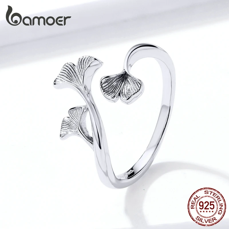bamoer Silver 925 Design Ginkgo Leaf Finger Rings for Women Vintage Bijoux 925 Sterling Silver Trendy Wedding Jewelry BSR097 4