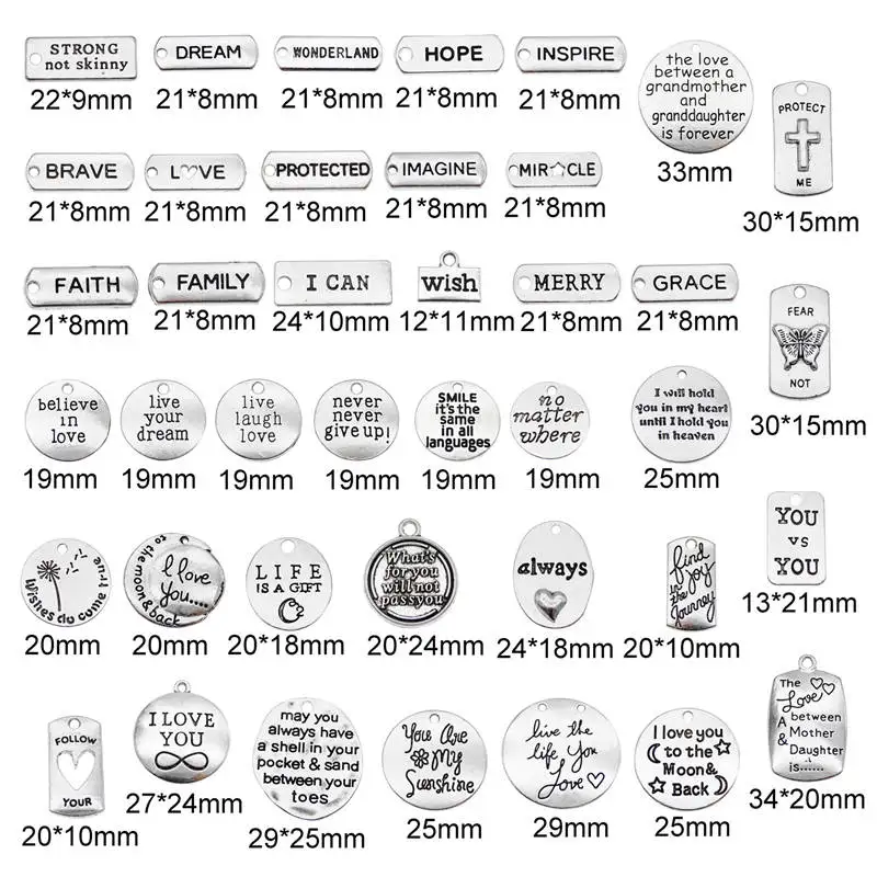 Julie Wang 20PCS Inspirational Words Charms Random Mixed Alloy Letter Tag Pendants Antique Silver Color Jewelry Making Accessory