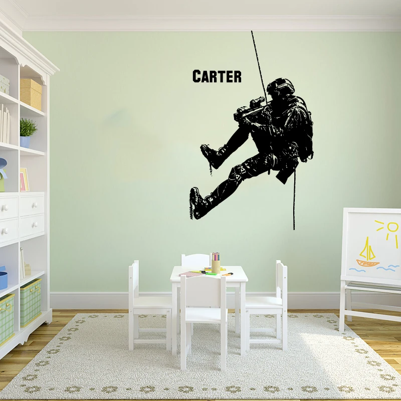 Custom Name Downhill Solider Gun War Wall Sticker Kids Room Personalized Army Solider Military Wall Decal Man Cave Vinyl