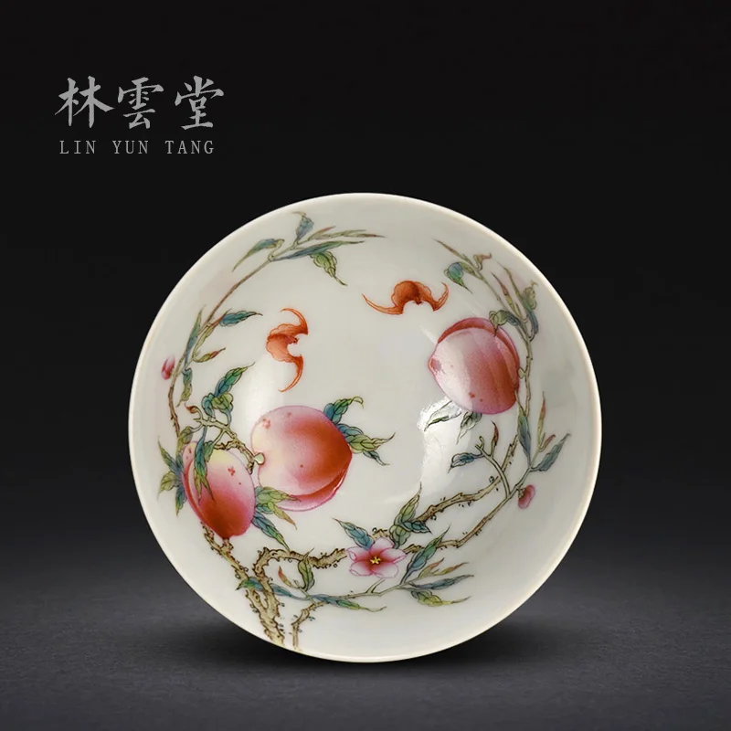 Lin Yuntang hand painted xiangbat Shoutao famille rose Master Cup Jingdezhen handmade ceramic Kungfu large tea cup